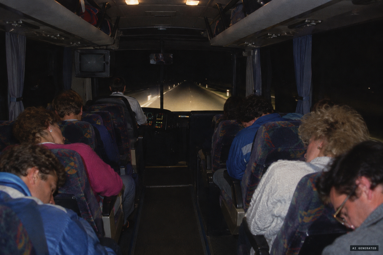 The westbound Pioneer Express coach with 25 passengers, most asleep