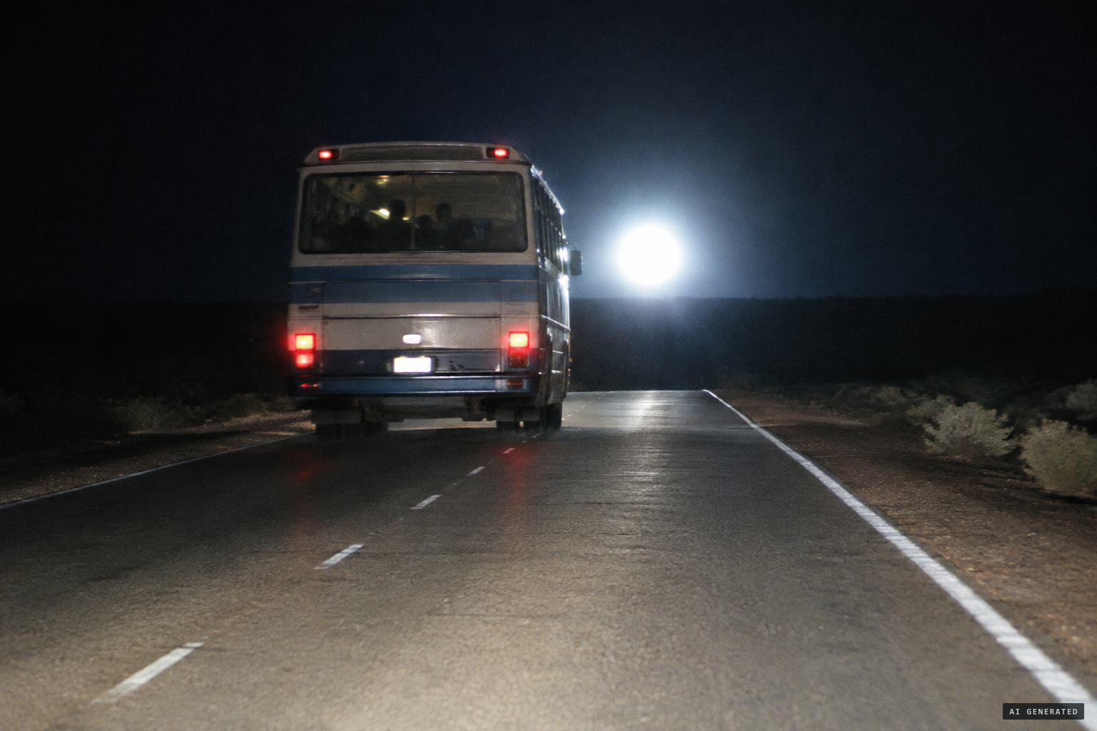 A bright light comes up behind the bus