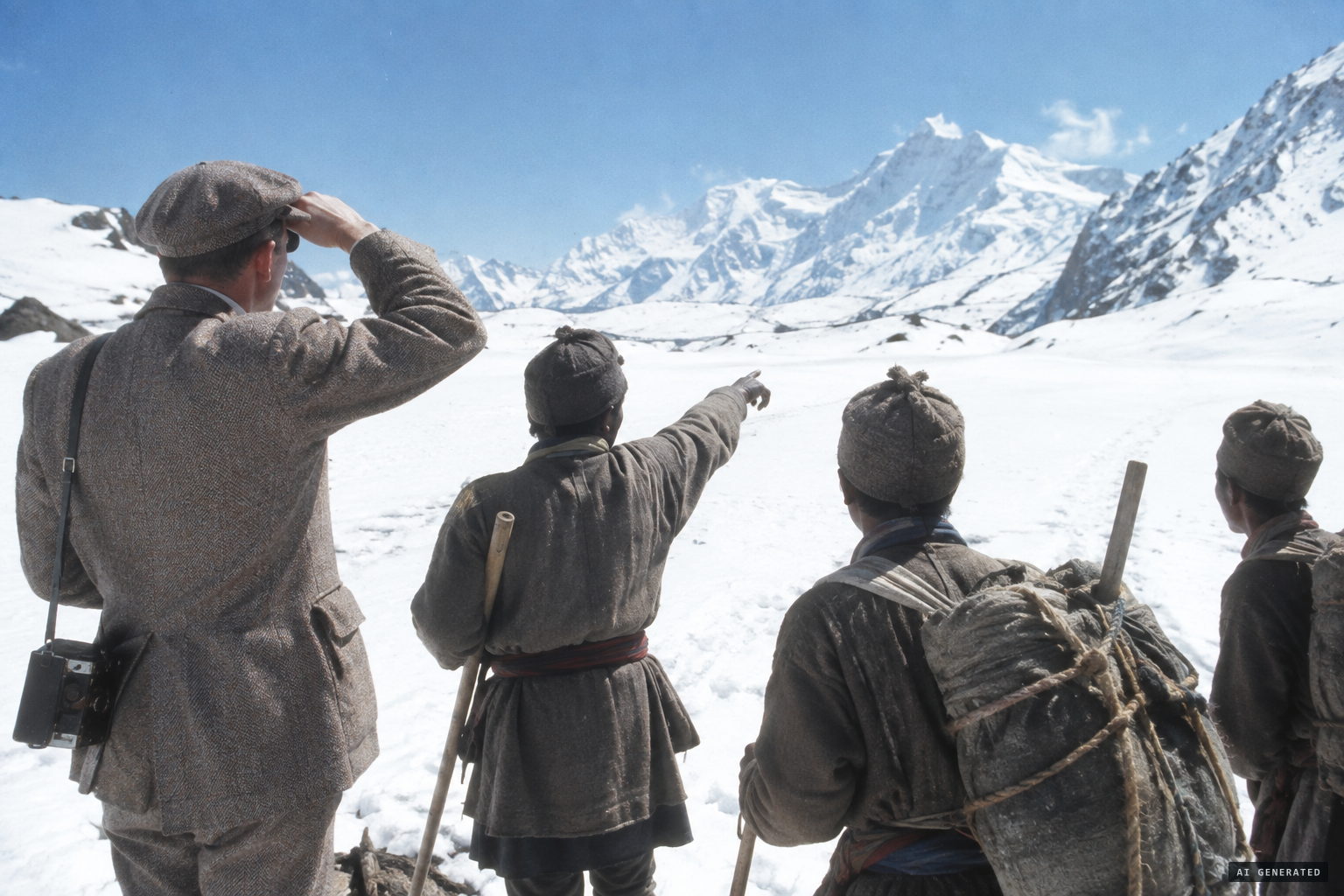 The porters call Tombazi over; the snow's glare blinds him for the first few seconds