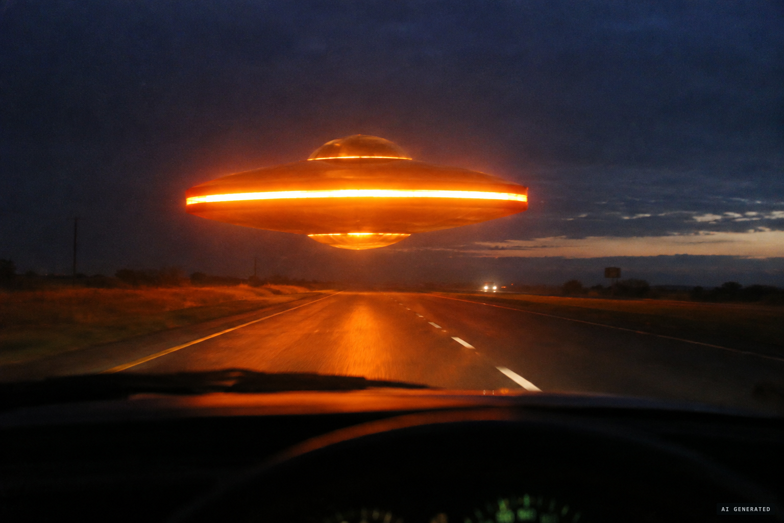 An orange oval with two cupolas, wide enough to cover four lanes of the freeway.