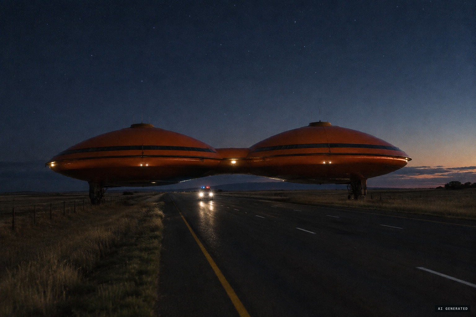 An orange double-domed disc spanning the freeway, coming towards a police inspector.