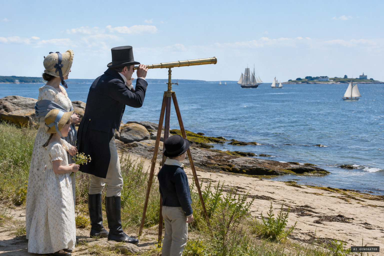 Marshal James Prince watching through his telescope with his family