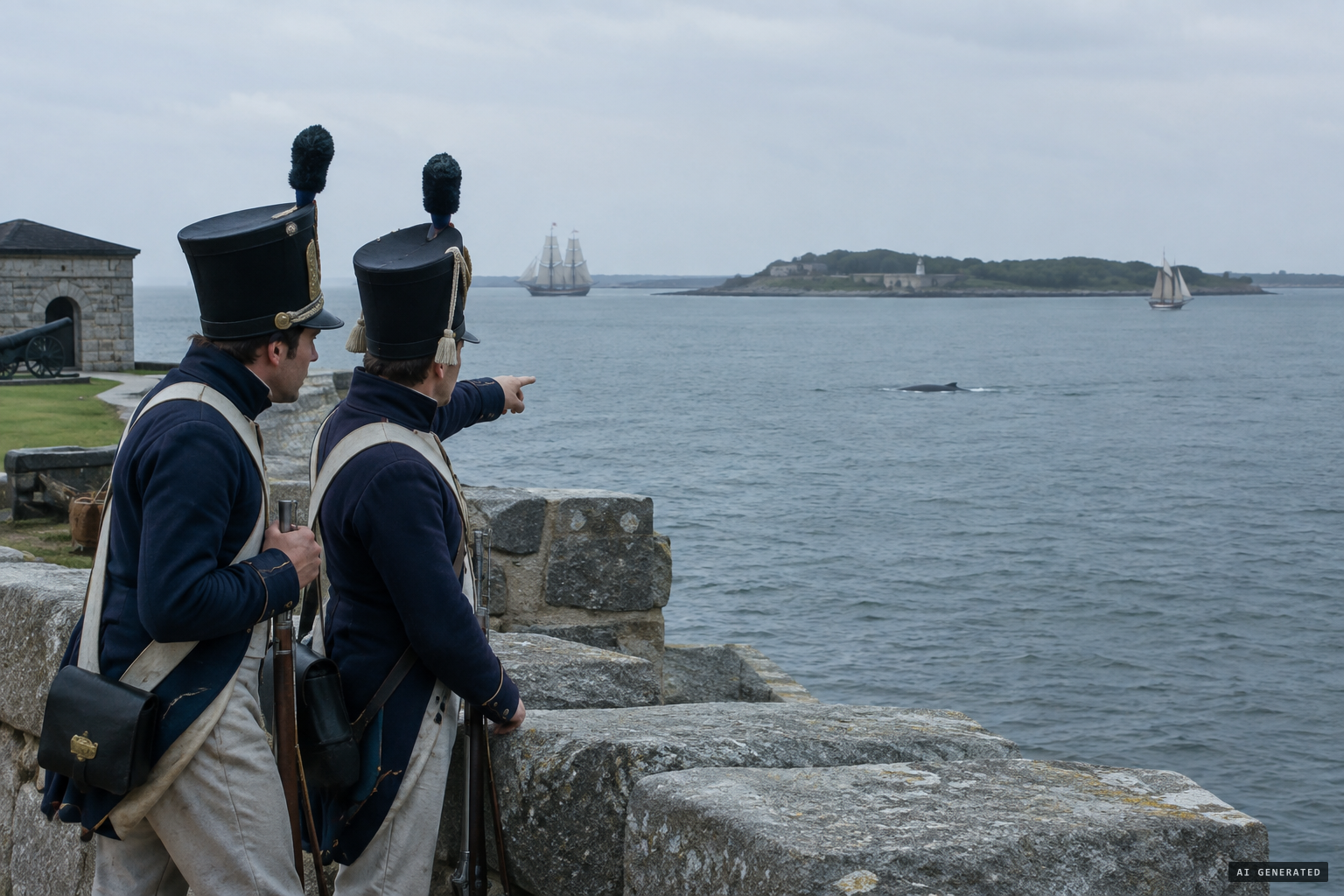 Two sentries at Fort Independence report a sea serpent swimming past