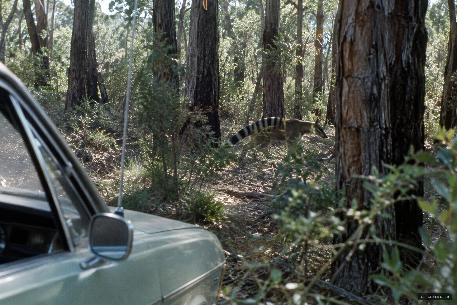 A striped animal, built like a dog, in the trees