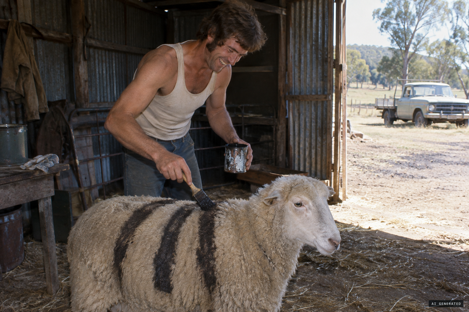 A local joker paints stripes on an old ewe