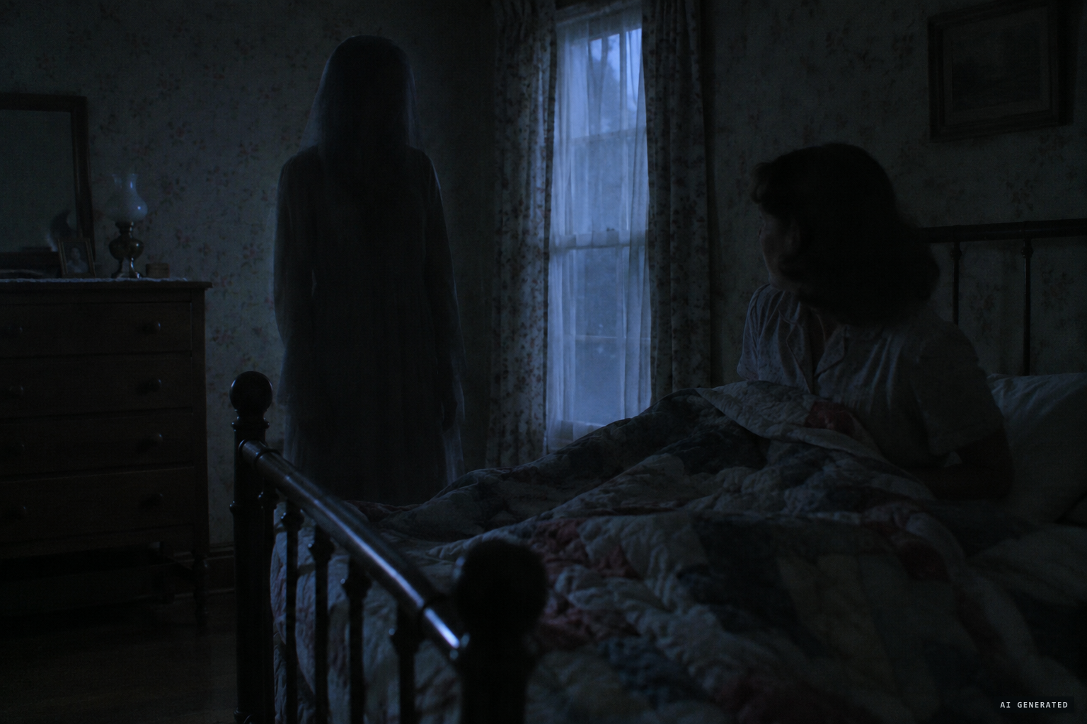 A veiled figure appears in her bedroom at night