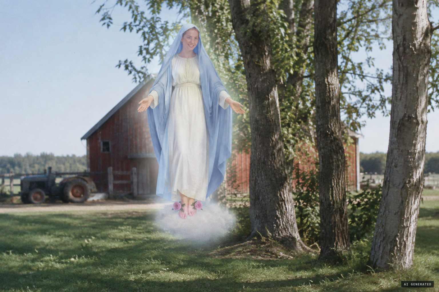 The figure lowers herself onto a small cloud, arms extended