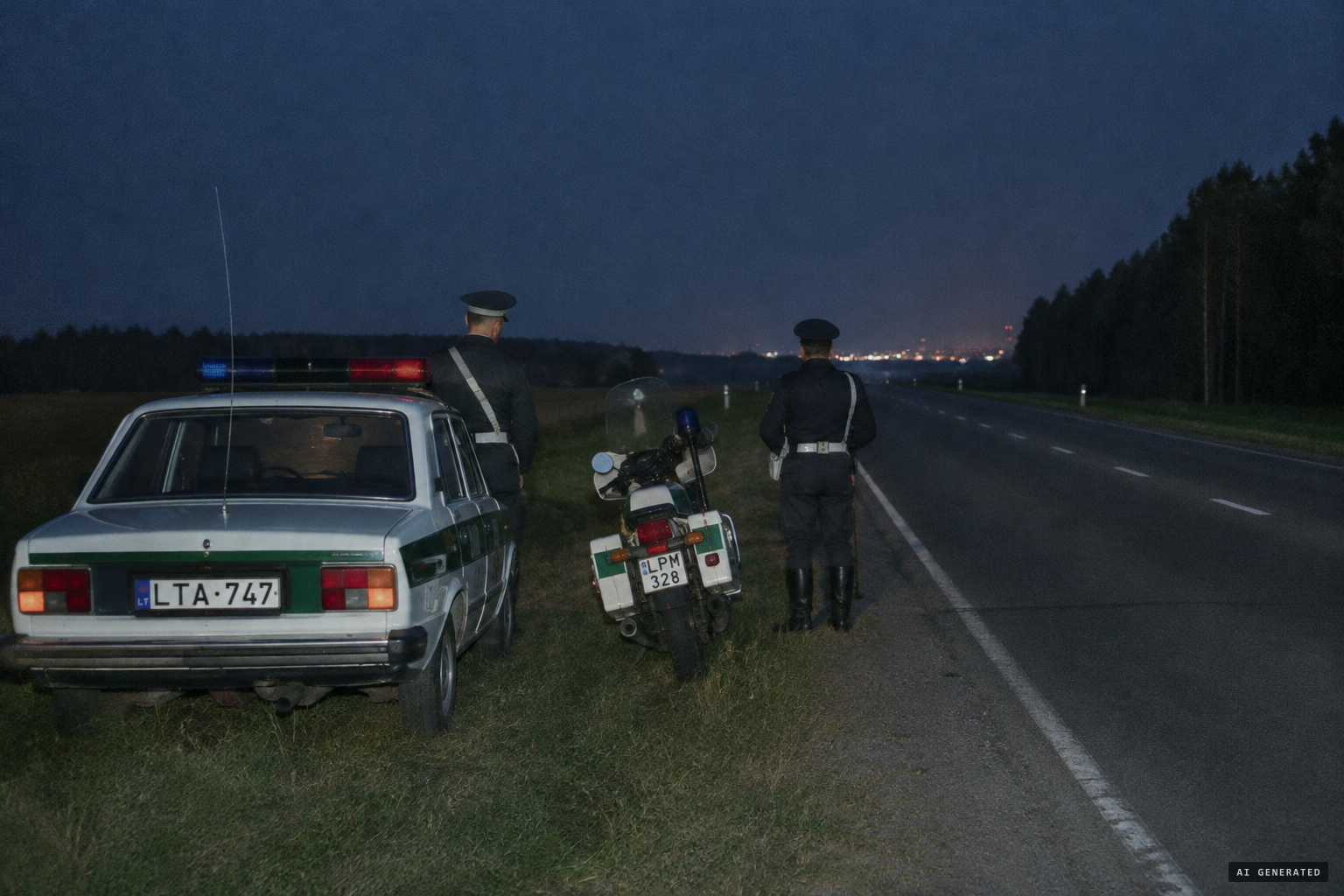 Two motor-police officers on night patrol near Nemėžis on the Vilnius–Medininkai road