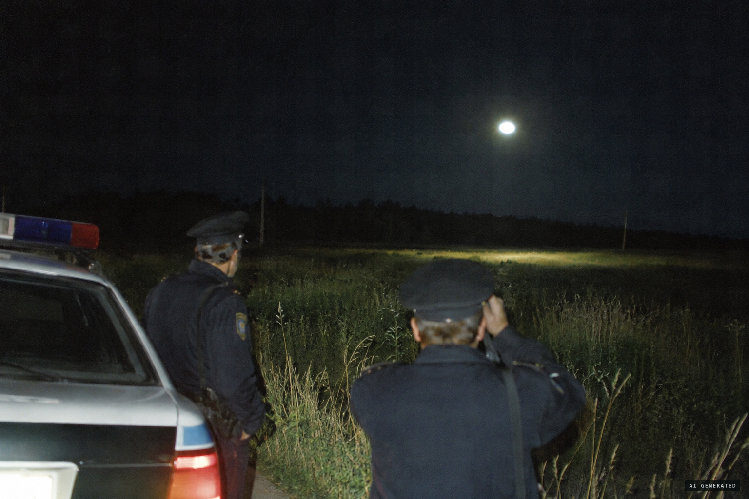 A round, luminous sphere hanging over a field at about 00:30