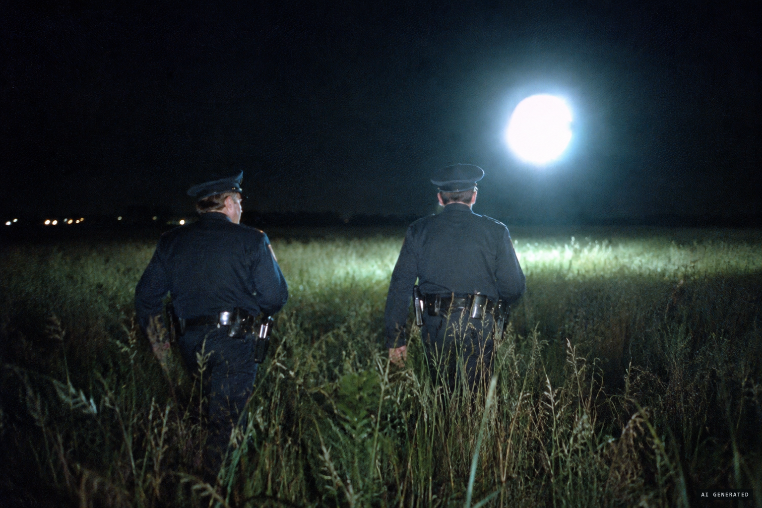 The officers move toward the sphere through the long grass
