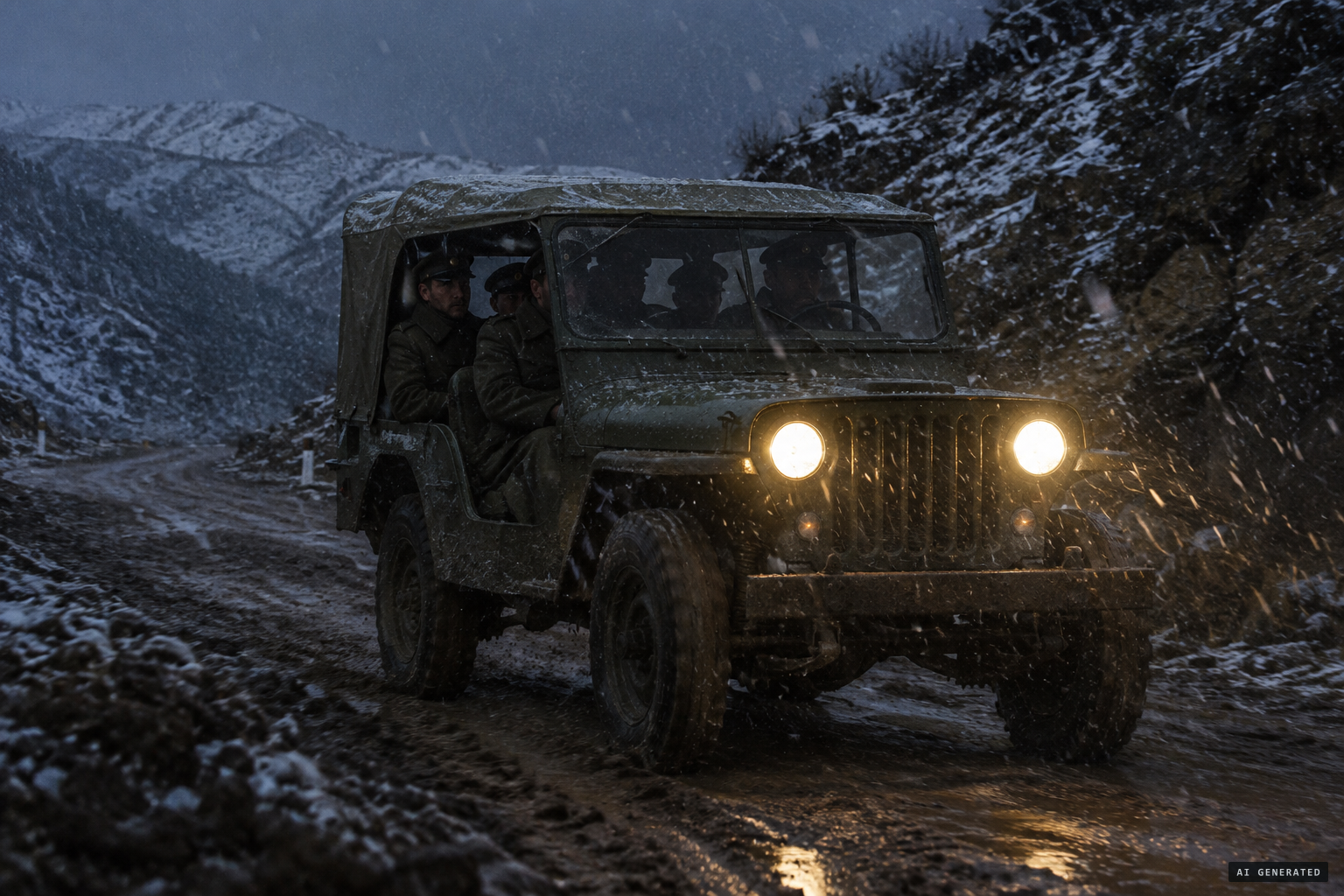 The Gendarmería jeep drives back from Las Ovejas through snow and rain.