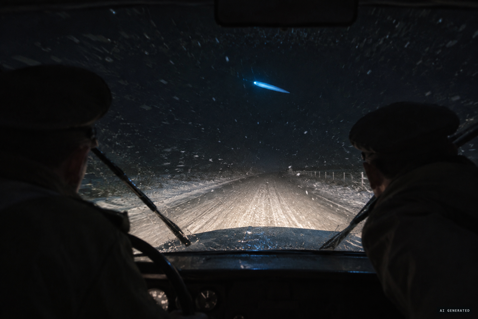 A sky-blue elongated light crosses the road ahead of the patrol.