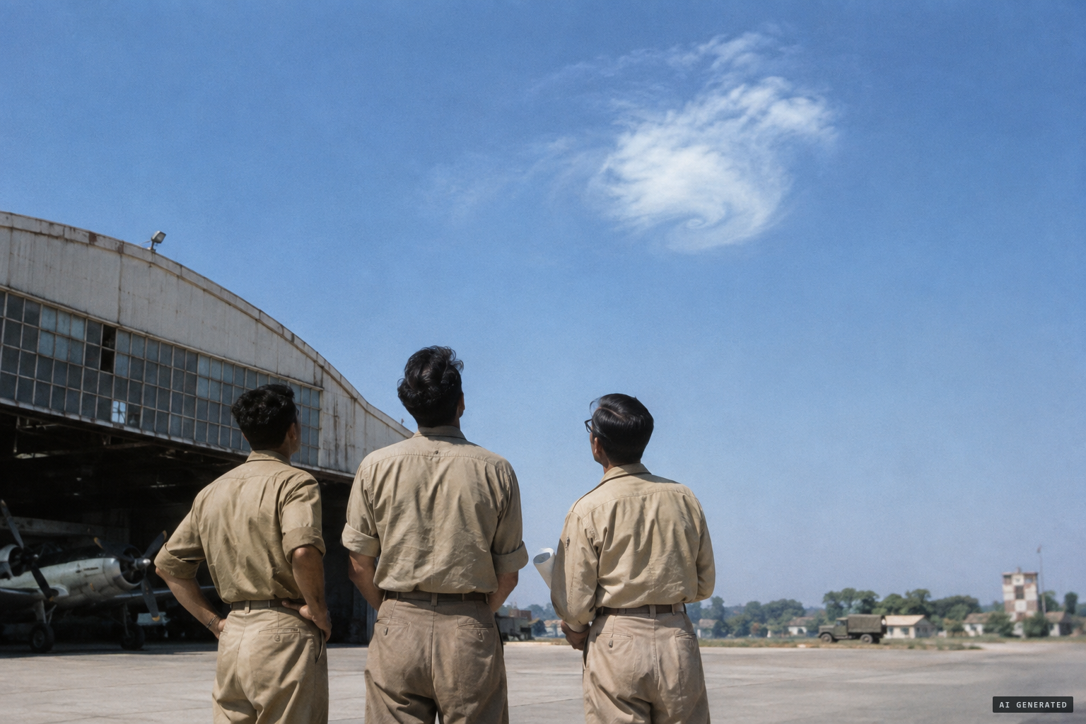 Chief engineer George Floate and two assistants see a swirly white cloud