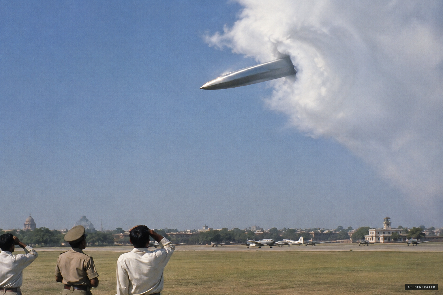 A metallic, bullet-shaped object emerges from the cloud's edge
