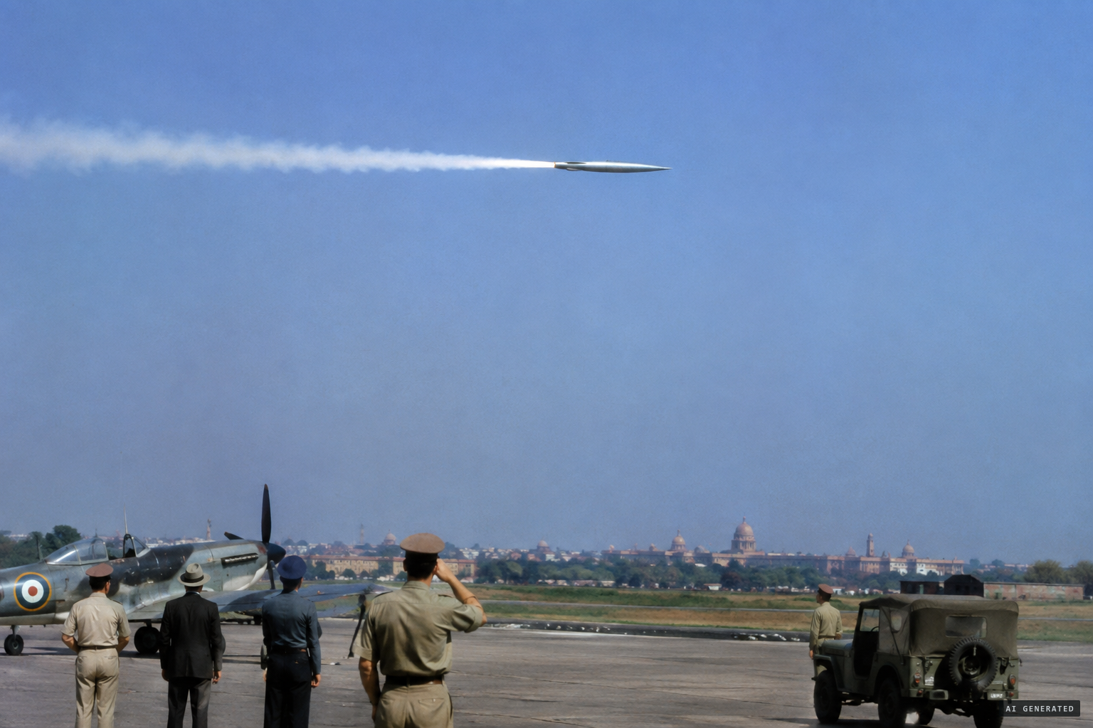 The object flies north to south trailing white exhaust