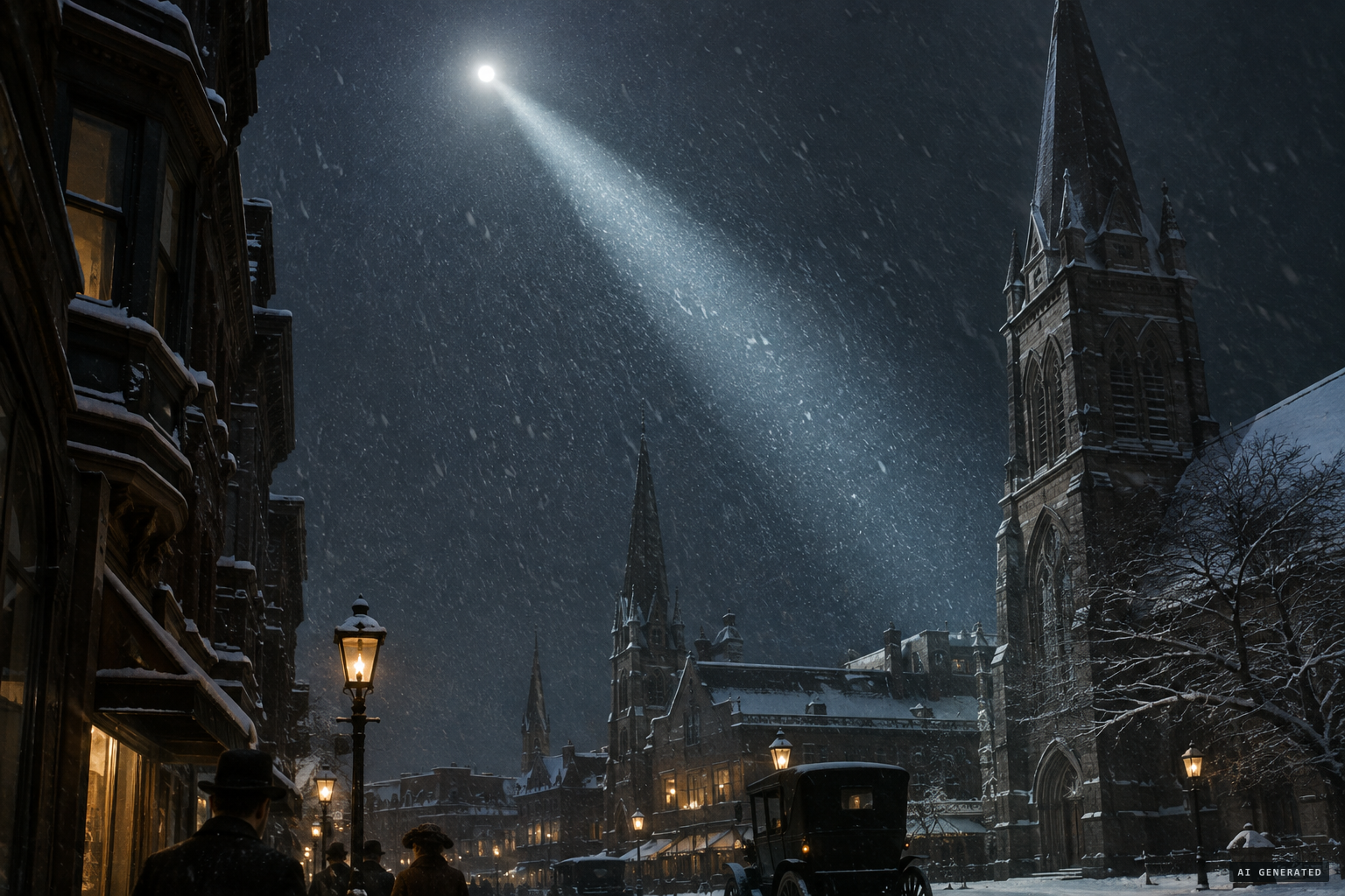 It hung hawk-like over the city, its beam lighting the snow