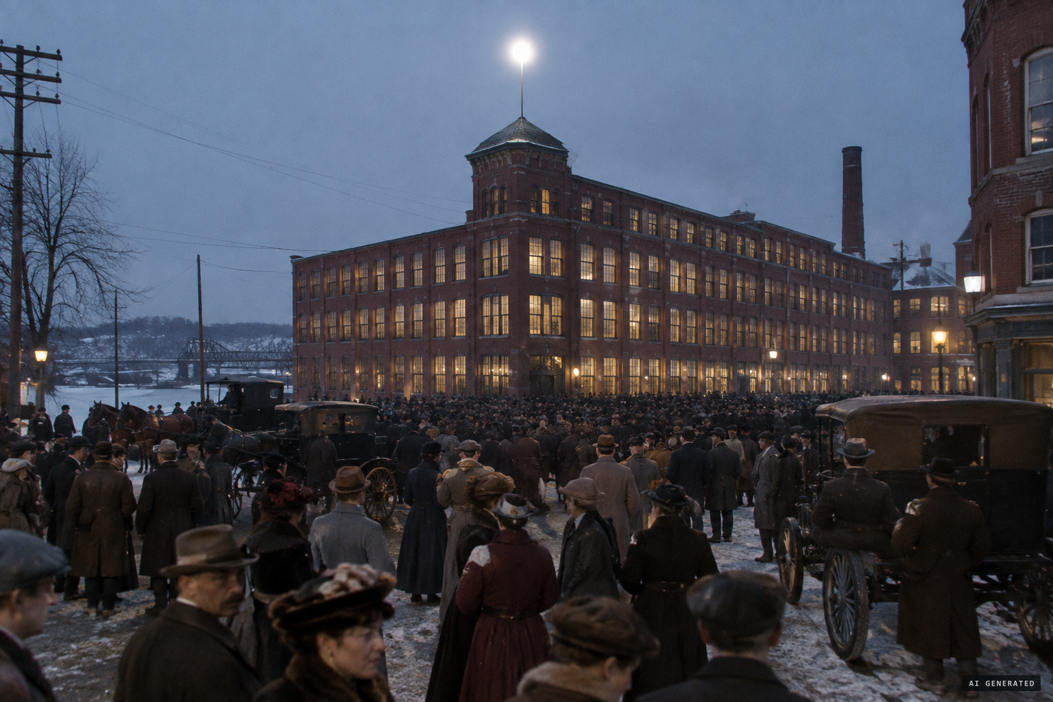 A bright light hangs over the American Thread mill