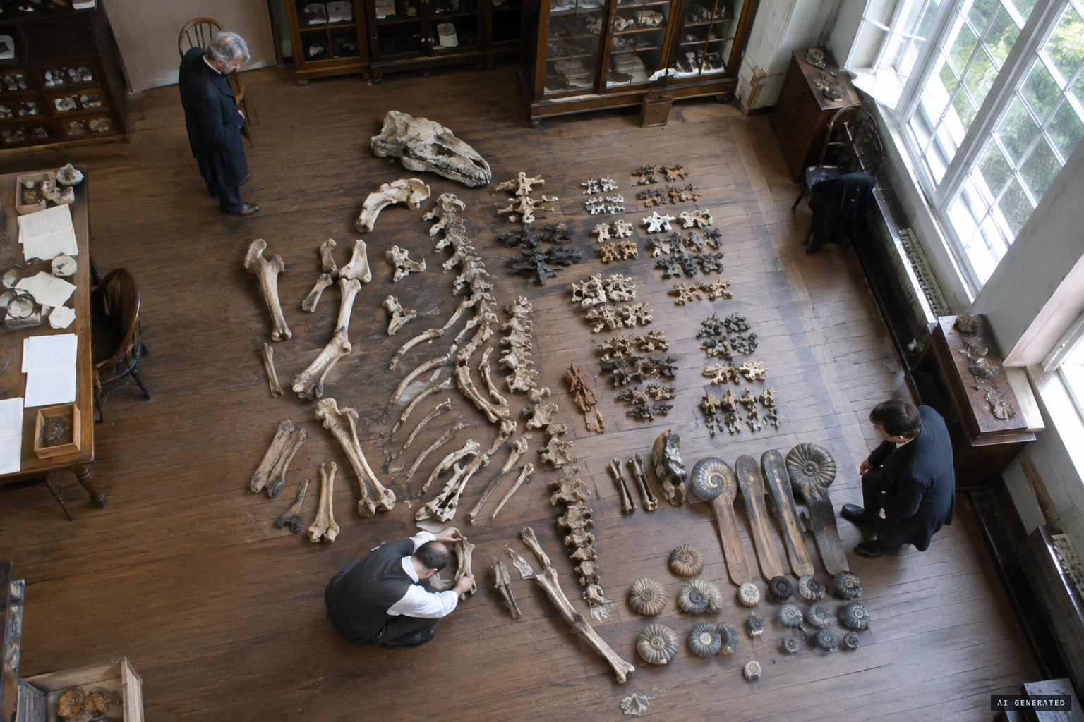 A composite of Eocene archaeocete whales, with paddles made from ammonite shells.