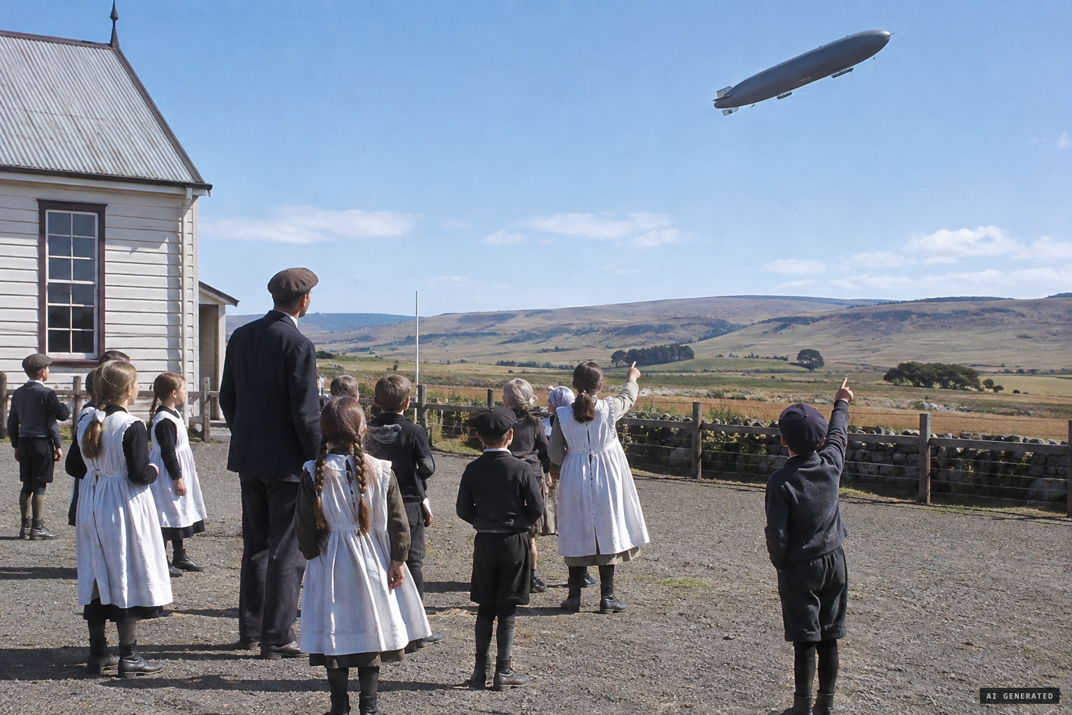 Twenty-three Kelso schoolchildren see the airship come over the hill