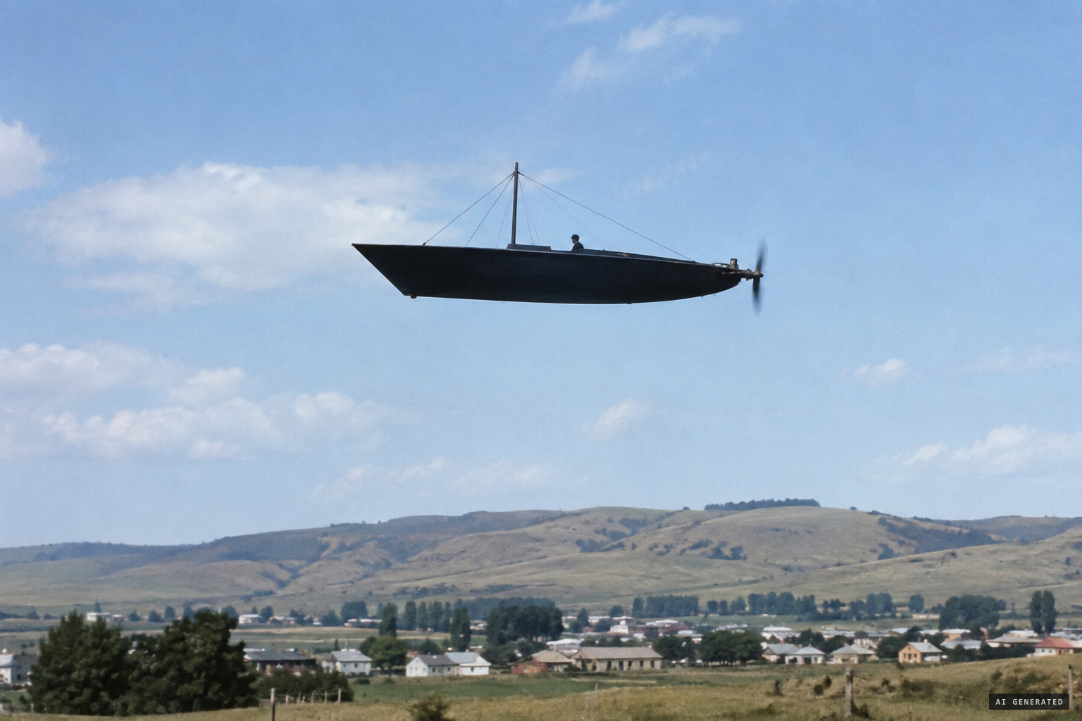 Black, boat-shaped, with a mast, a rear propeller and a seated man