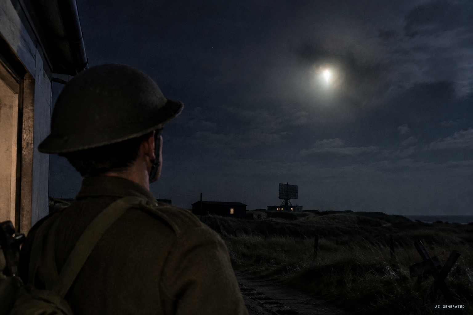A glowing light surrounded by dark mist over the radar station