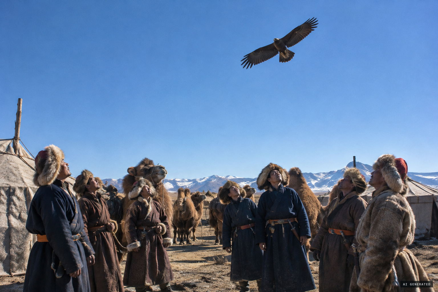 Caravaneers stop to watch a remarkably big black eagle.