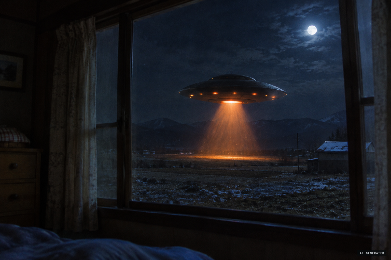 Through the bedroom window, a saucer hovers just above the ground emitting orange rays