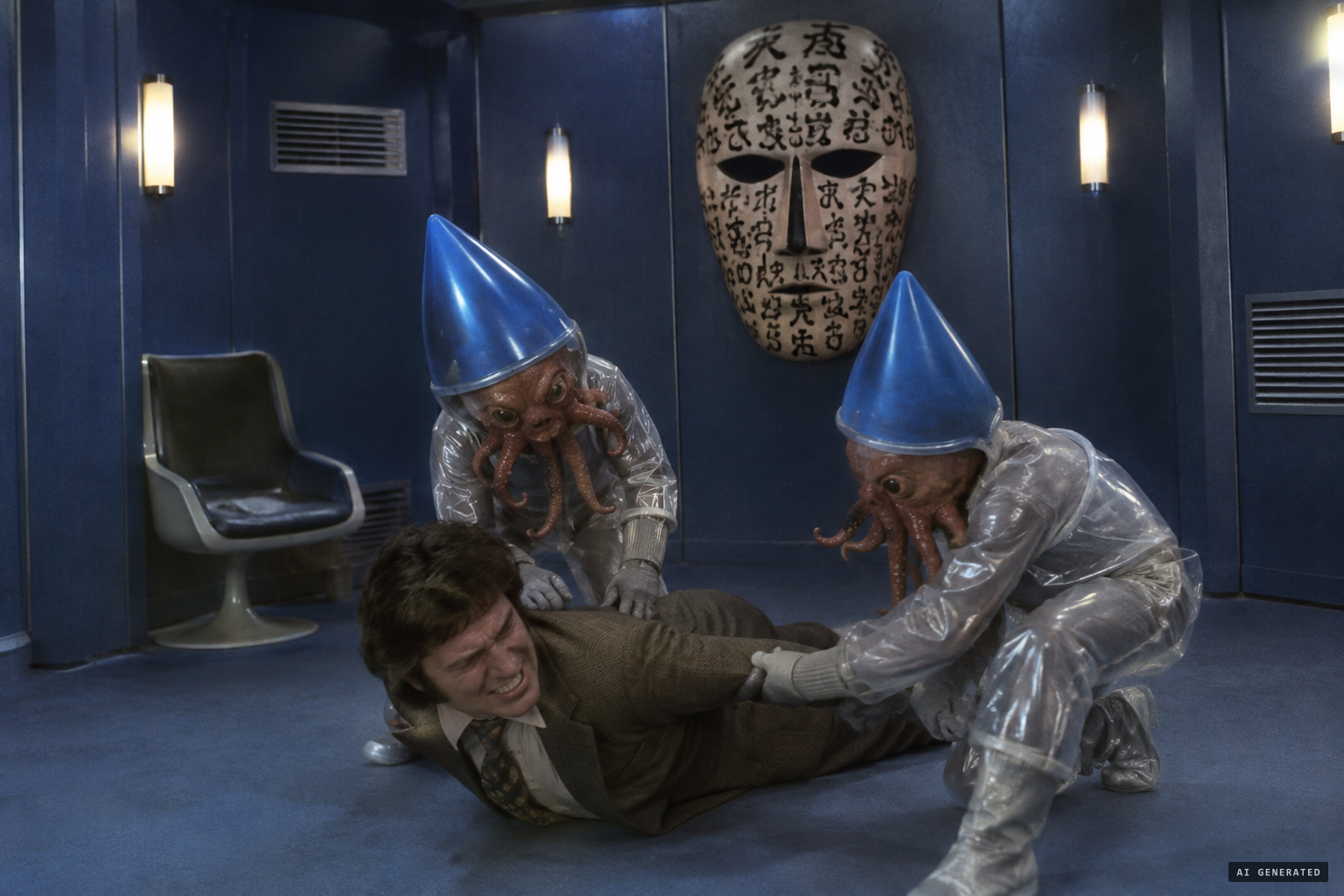 He wakes on the floor of a dark blue room, held by two beings