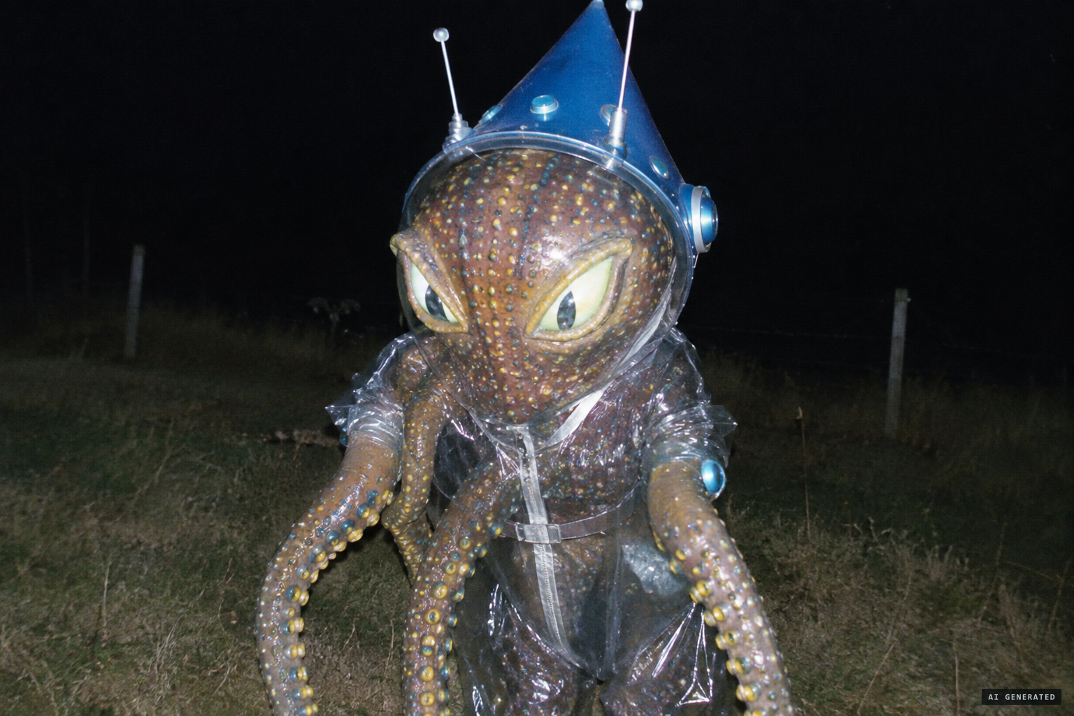 The visitors: toad-skinned, octopus-headed beings in clear suits and blue cone helmets
