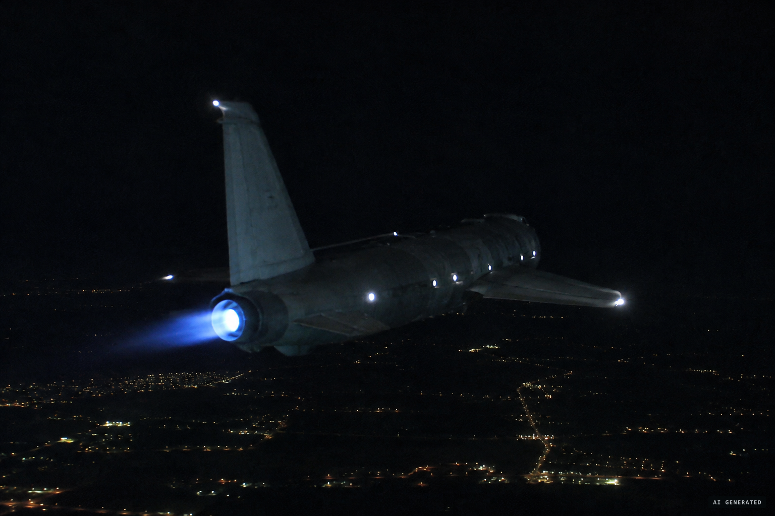 C-130 length, much shorter wingspan, a light blue afterburner-type flame