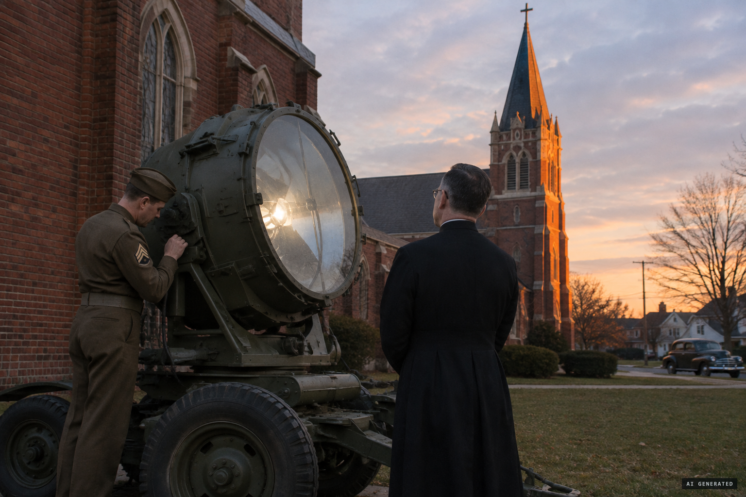 The church's 8-million-candlepower army-surplus searchlight, run by T/Sgt. Berger
