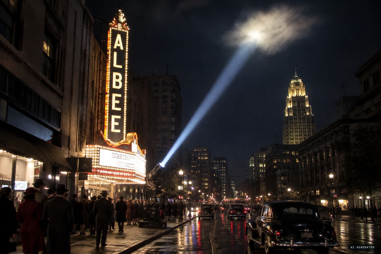 The Albee Theater searchlight, beams 'bouncing off of clouds'
