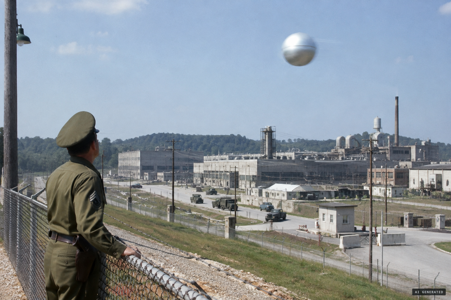 Guard John Isabell watches a silver-white sphere spinning over K-25