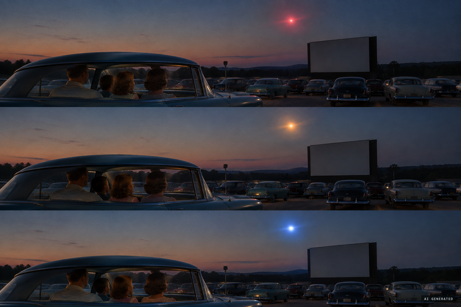 The Fry family watches a light change from red to orange to blue