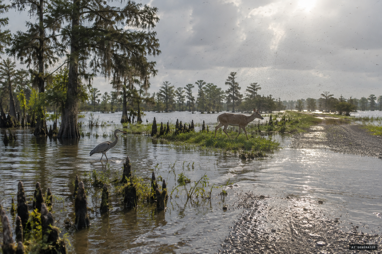 High summer water pushing animals onto higher ground