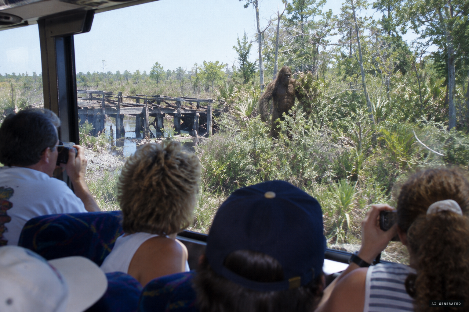 Goodbread's tour bus watches a brownish upright figure shaking the bushes