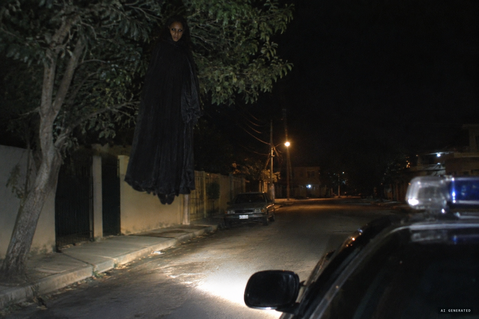 The witch floats above the street, her large black eyes fixed on the car