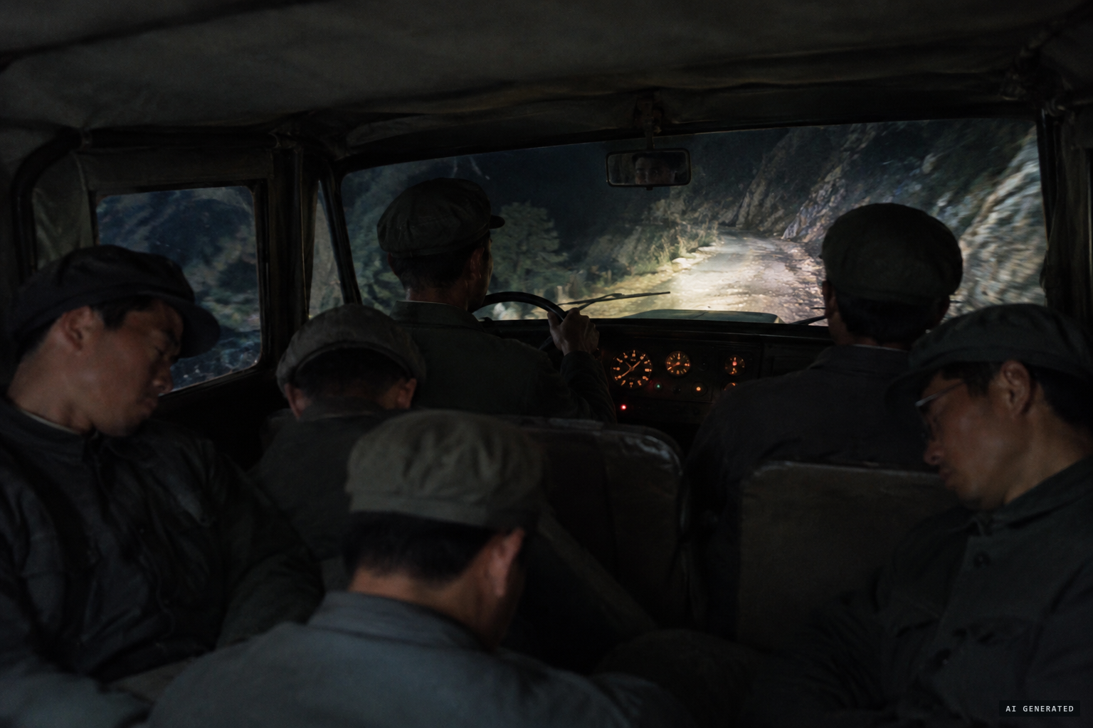 Five officials and their driver in the jeep
