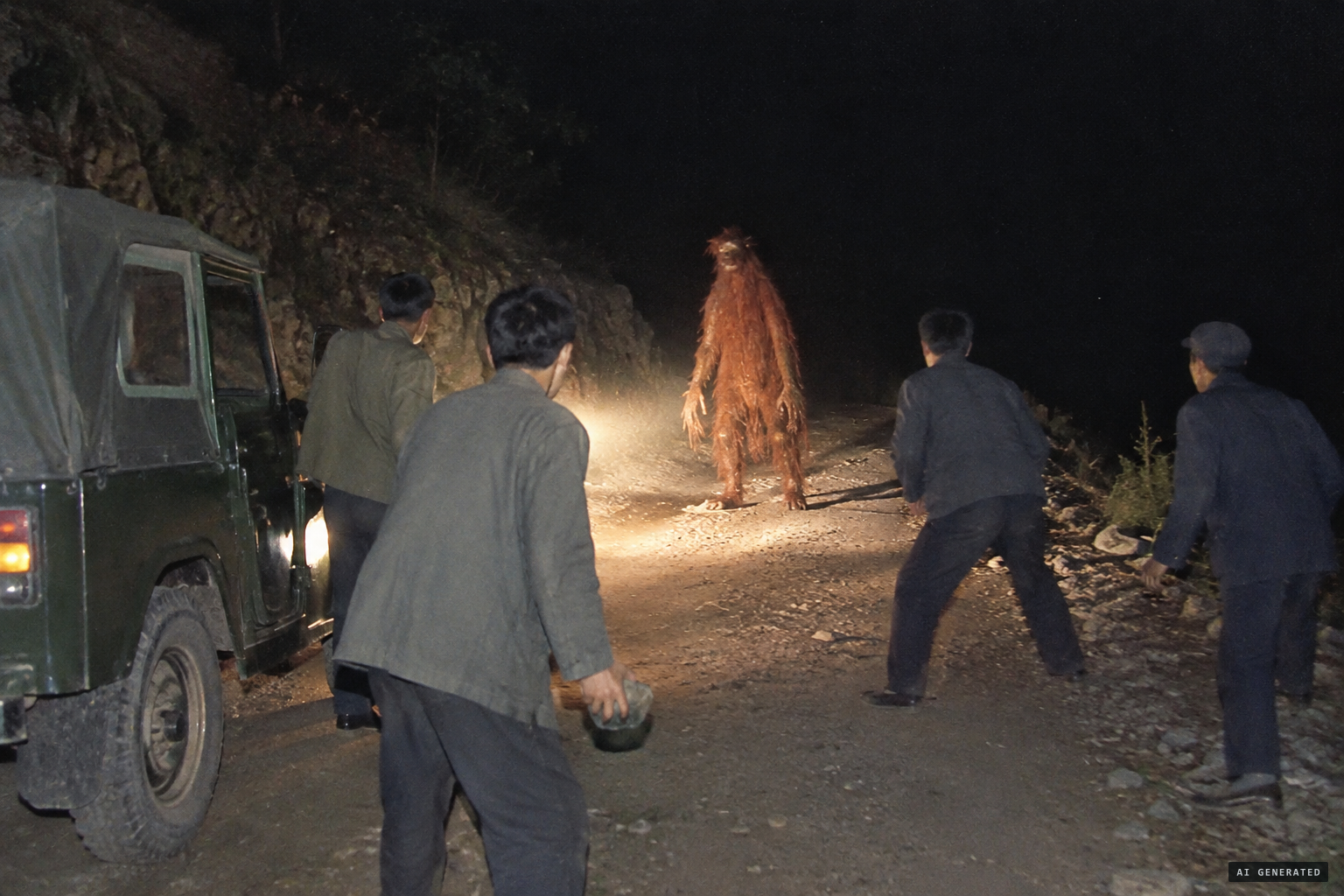 The men surround the creature in a stand-off of more than 20 seconds