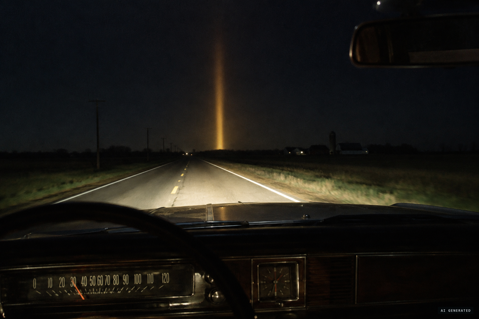 An amber vertical beam of light in the night sky