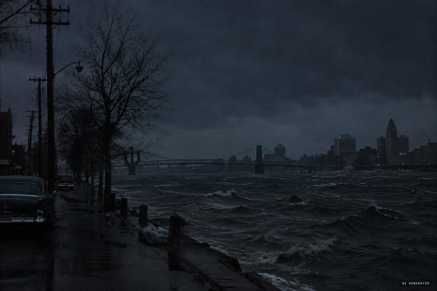 Before dawn, high winds drive big waves down the Ohio River as the Kellogg Avenue street lights go out