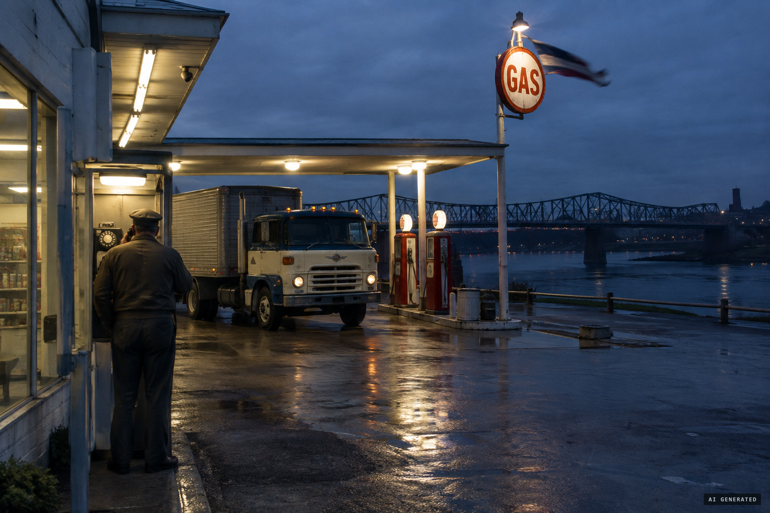 A shaken truck driver phones from a Kellogg Avenue service station: "It came up out of the water"