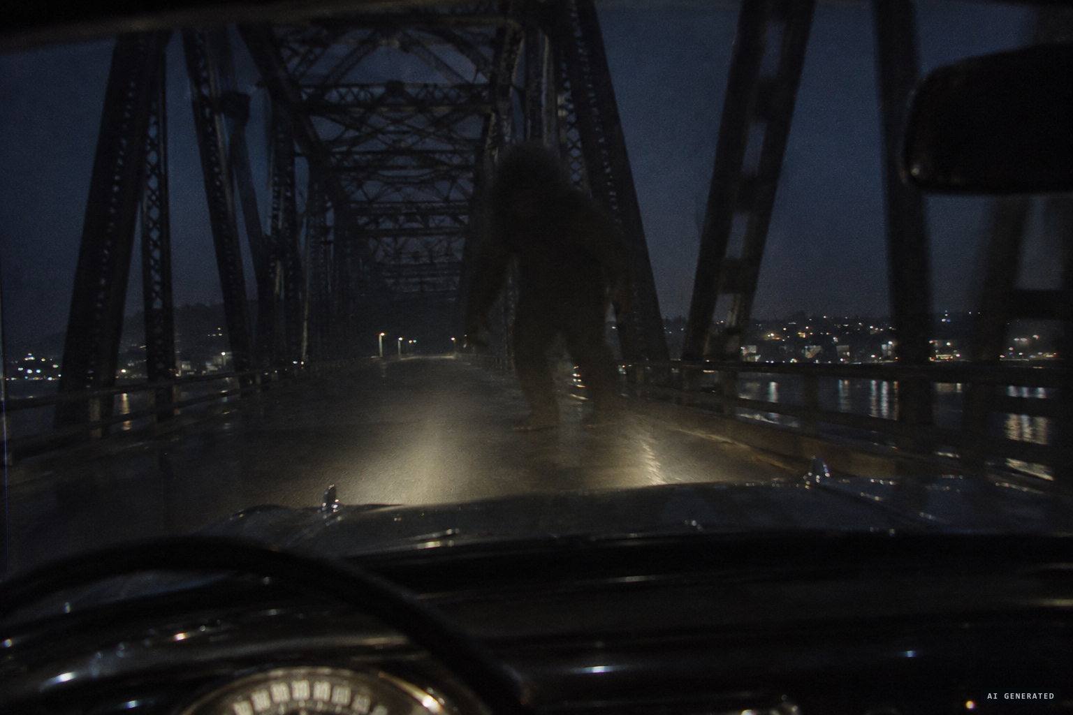 A motorist sees something huge leap onto the Licking River bridge on two legs, taller than his car