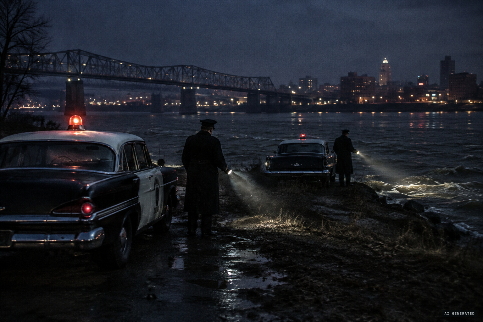 Police cars search the riverbank after 4 a.m. and find nothing