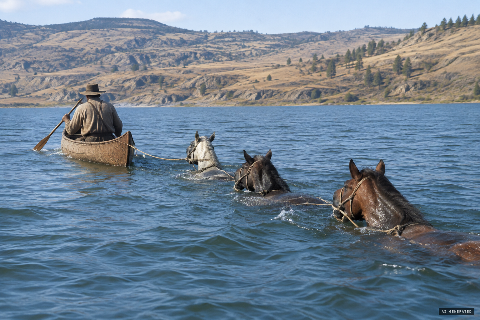 John MacDougal crosses the lake by canoe, his horses swimming behind on a line