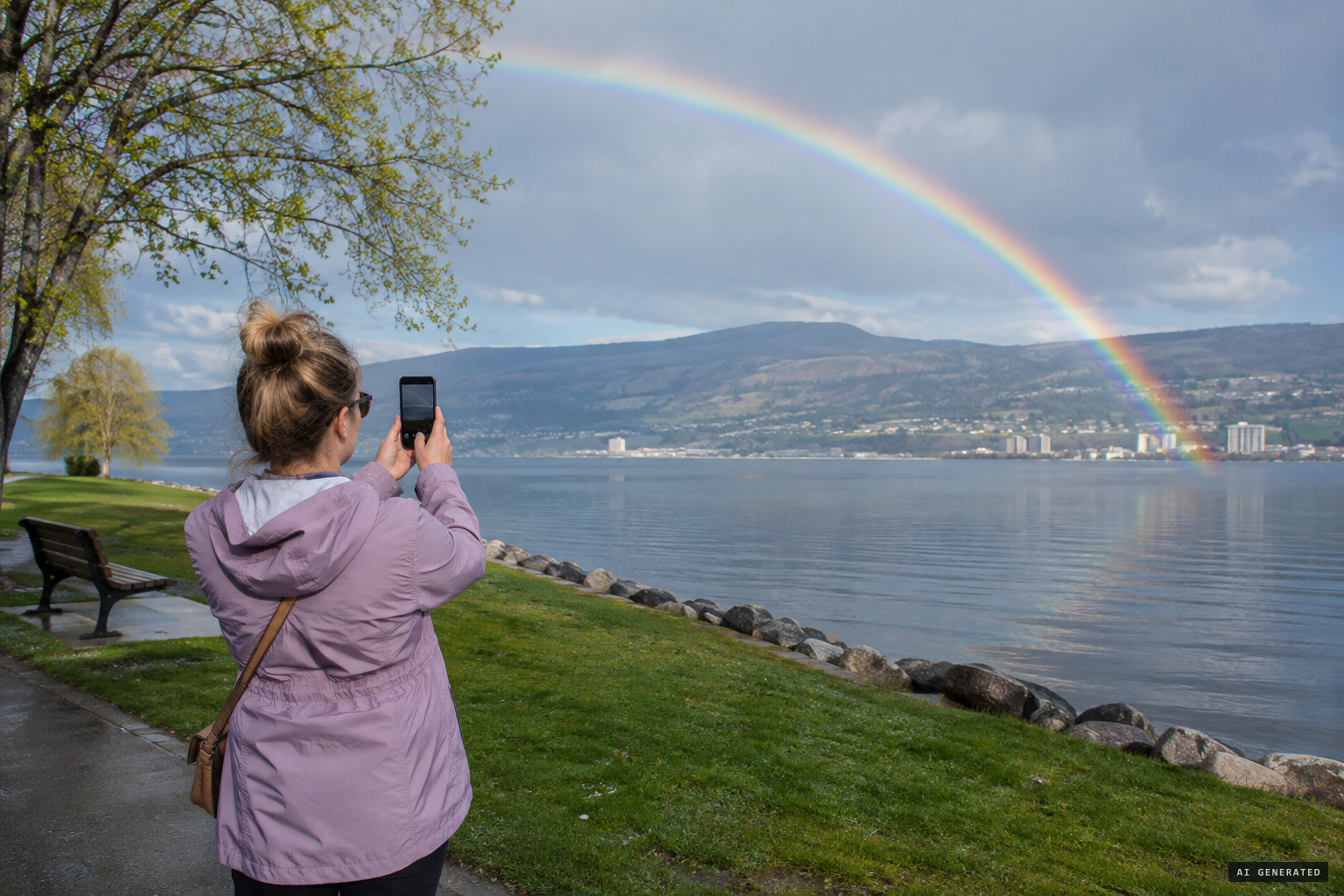 Natasha Chalmers stops in City Park to capture a rainbow over the lake