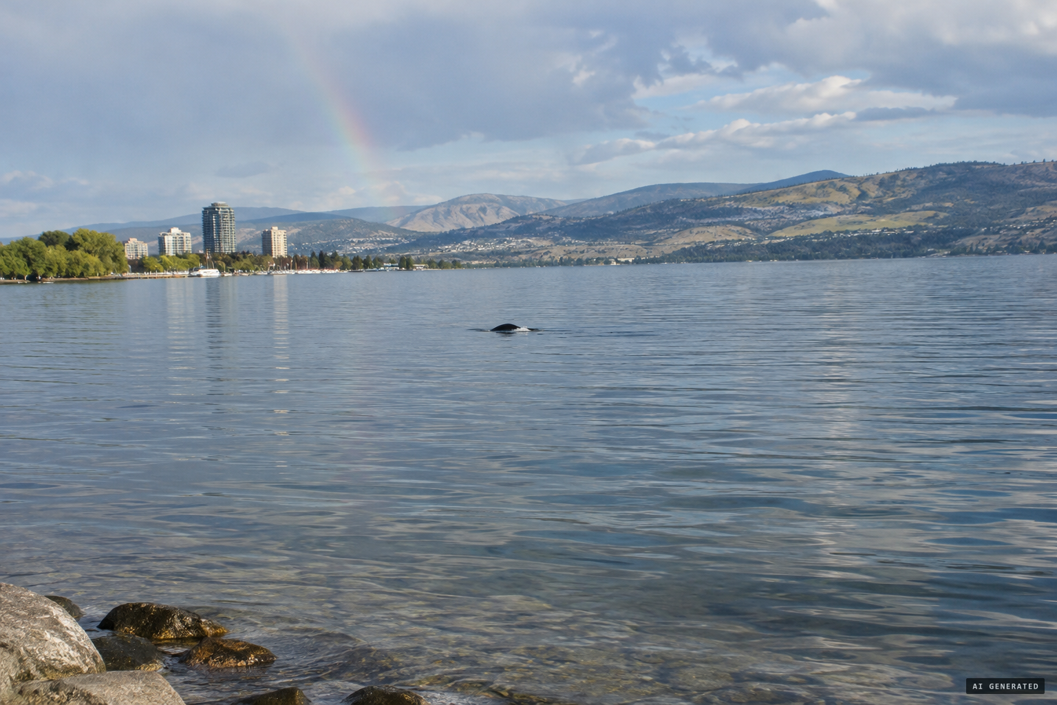 Something pops up out of the calm water and moves forward in an arch