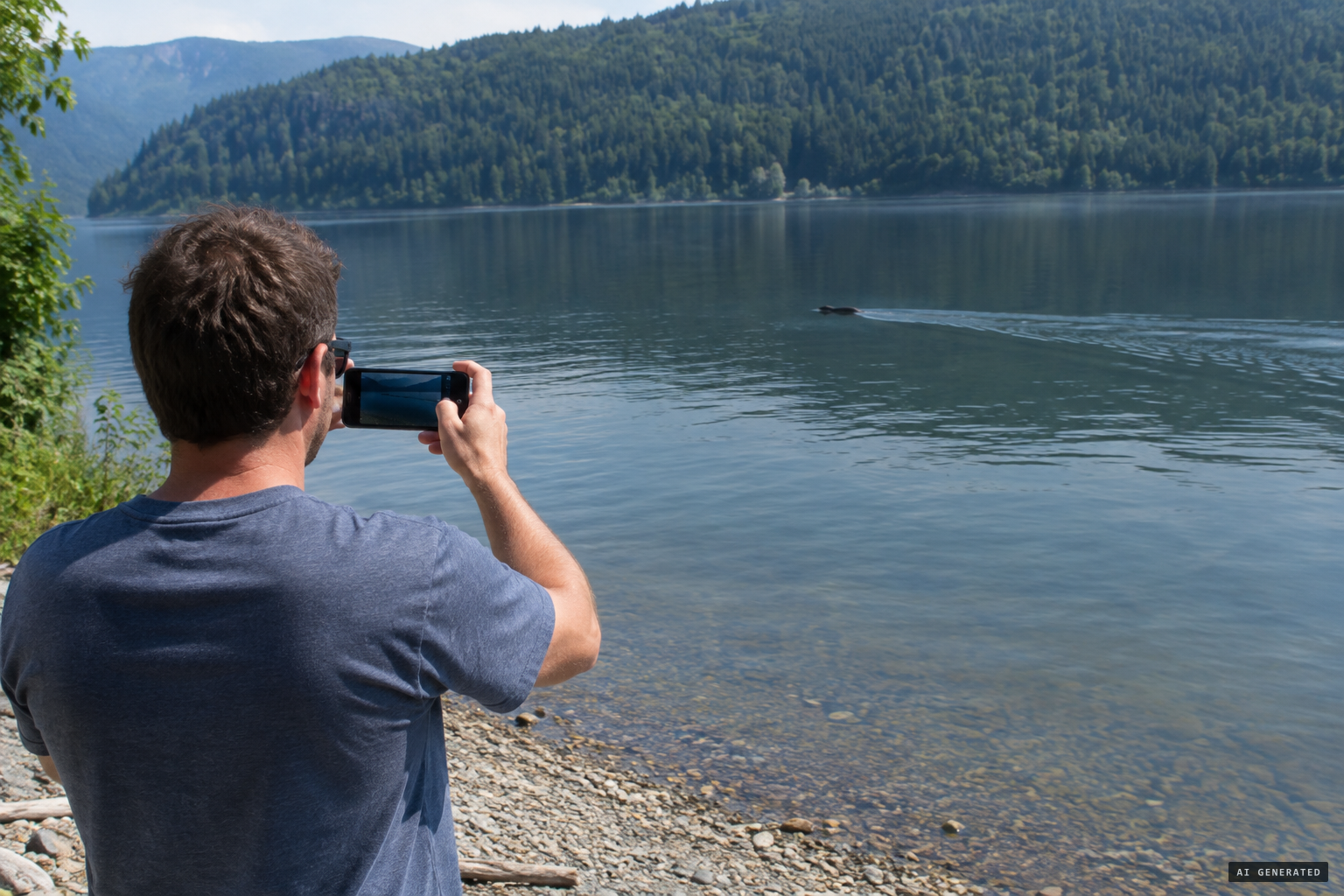 Waves behind it on a calm lake as David films on his phone