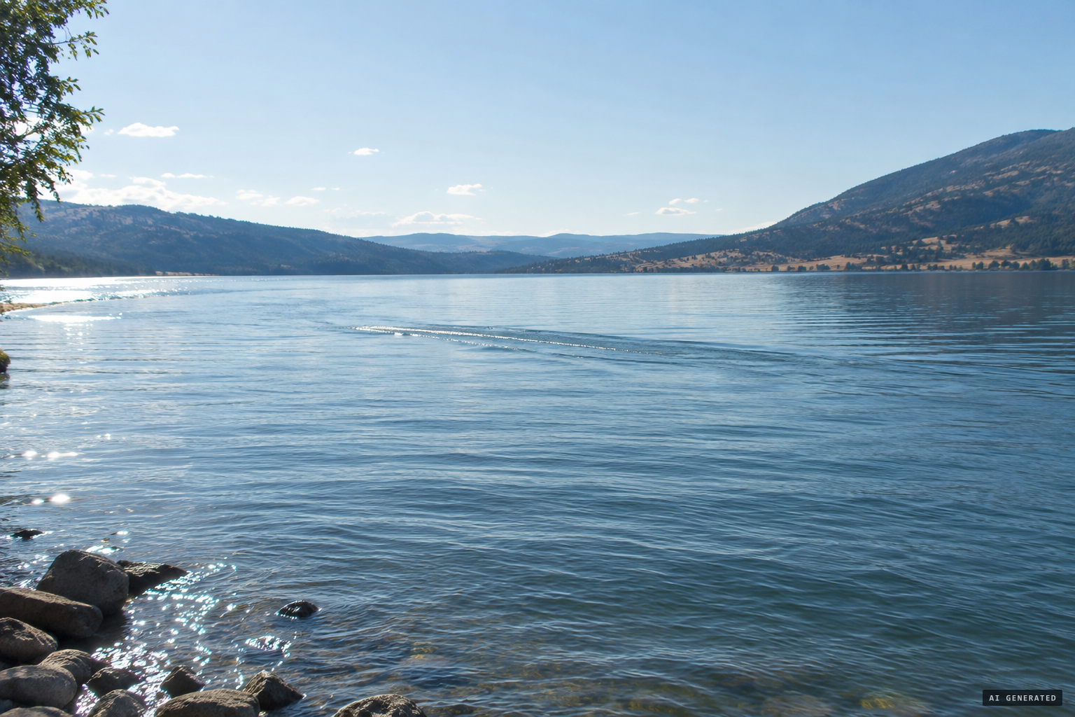 A calm lake with waves behind something long and dark