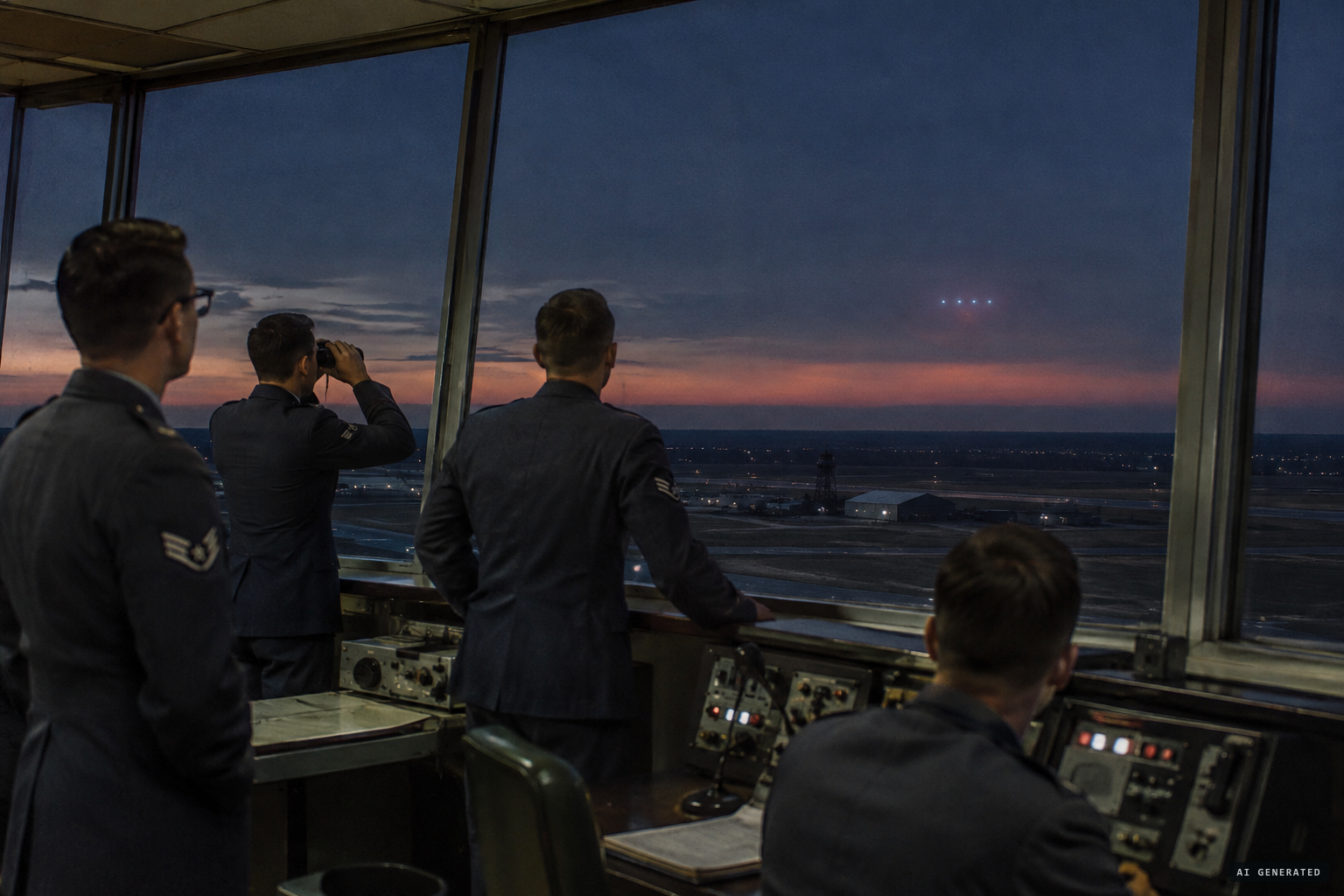 Tinker AFB tower observers watch four bluish-white objects to the south